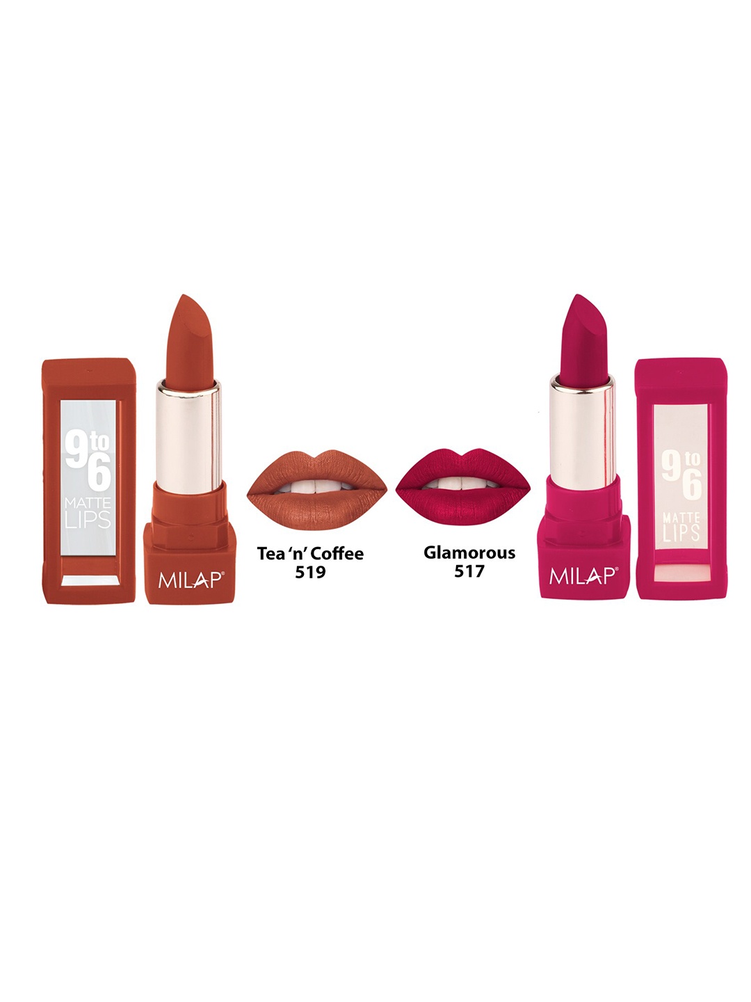 

MILAP Set Of 2 9to6 Matte Lips Lipstick 4.2g Each - Glamorous & Tea N Coffee, Red