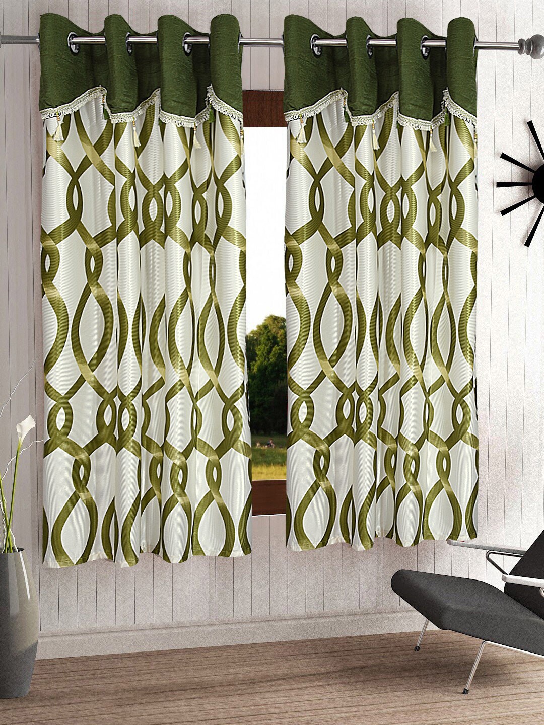 

Cortina Olive Green & White Set of 2 Window Curtains