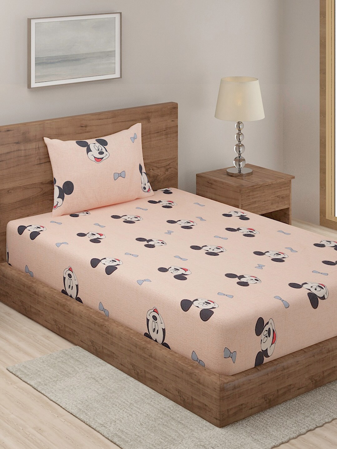 

TAG 7 Peach & Black Mickey Mouse Printed 210 TC Single Bedsheet With 1 Pillow Cover