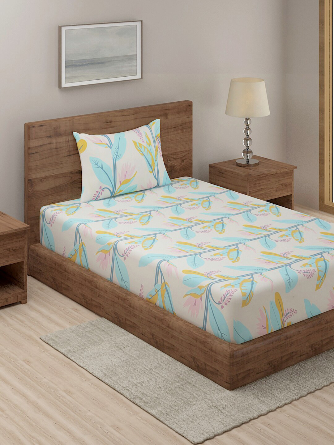 

TAG 7 Cream-Coloured & Mustard Floral 210 TC Single Bedsheet with 1 Pillow Covers