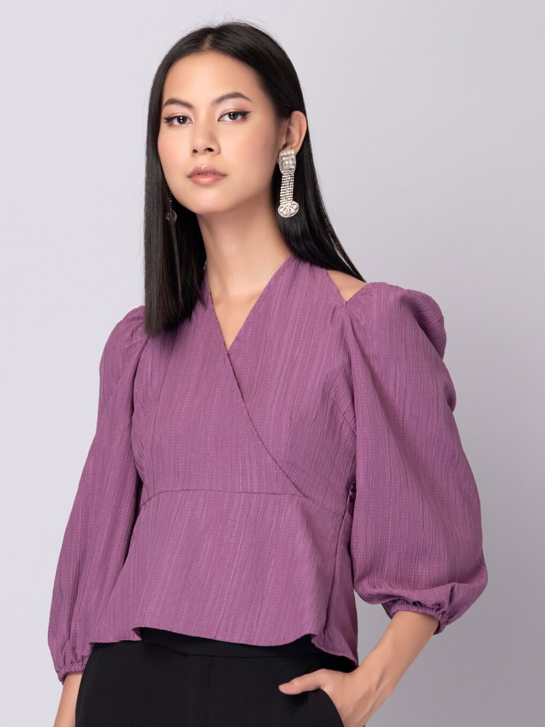 

FabAlley Purple Checked Cold Shoulder Crepe Wrap Top