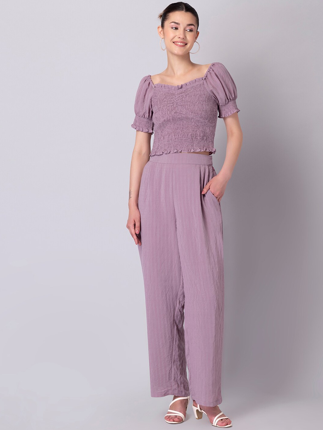 

FabAlley Women Purple Puff Sleeve Co-ord Set