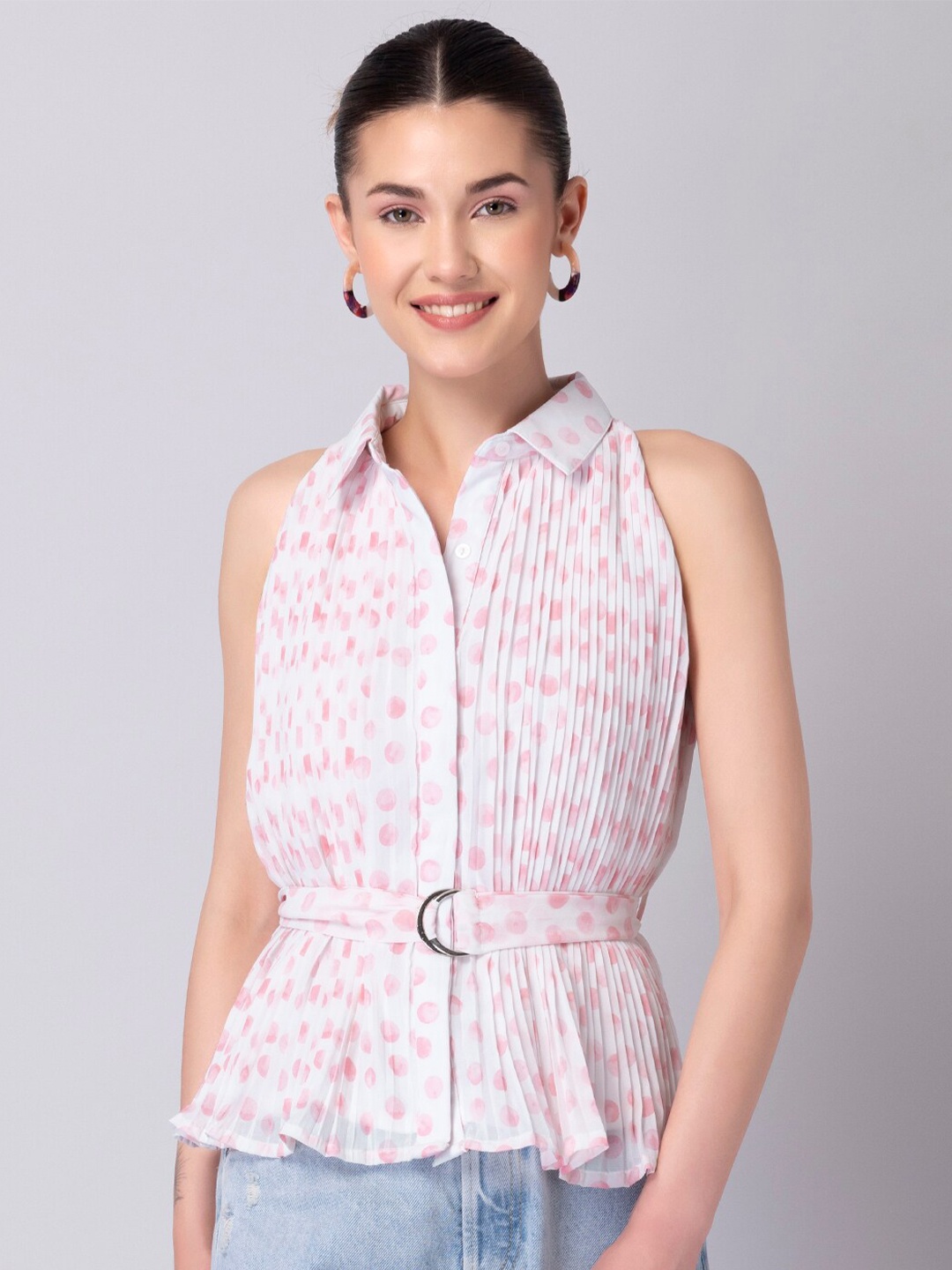 

FabAlley Pink Striped Georgette Pleated Belted Shirt Top