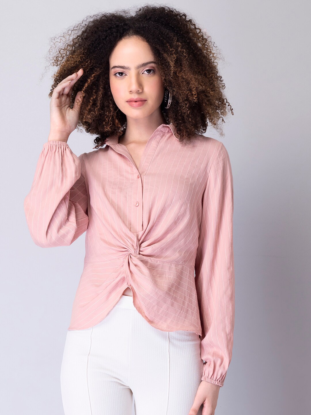 

FabAlley Women Pink Striped Front Knot Shirt