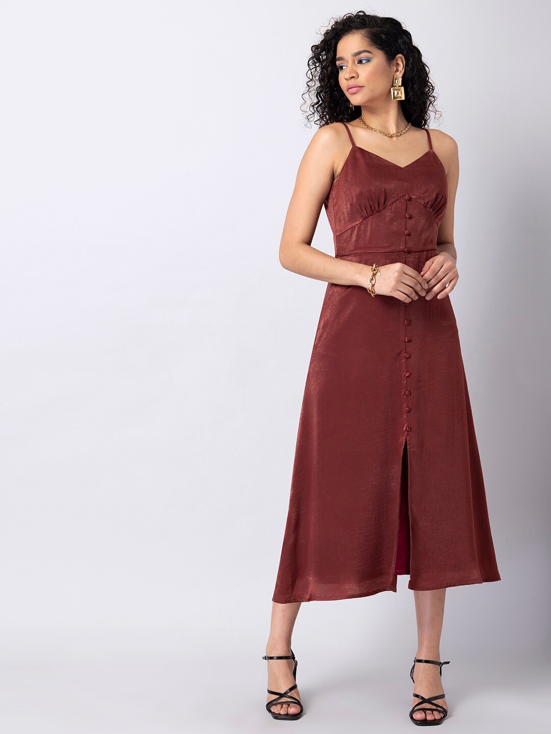 

FabAlley Brown Satin A-Line Front Slit Midi Dress