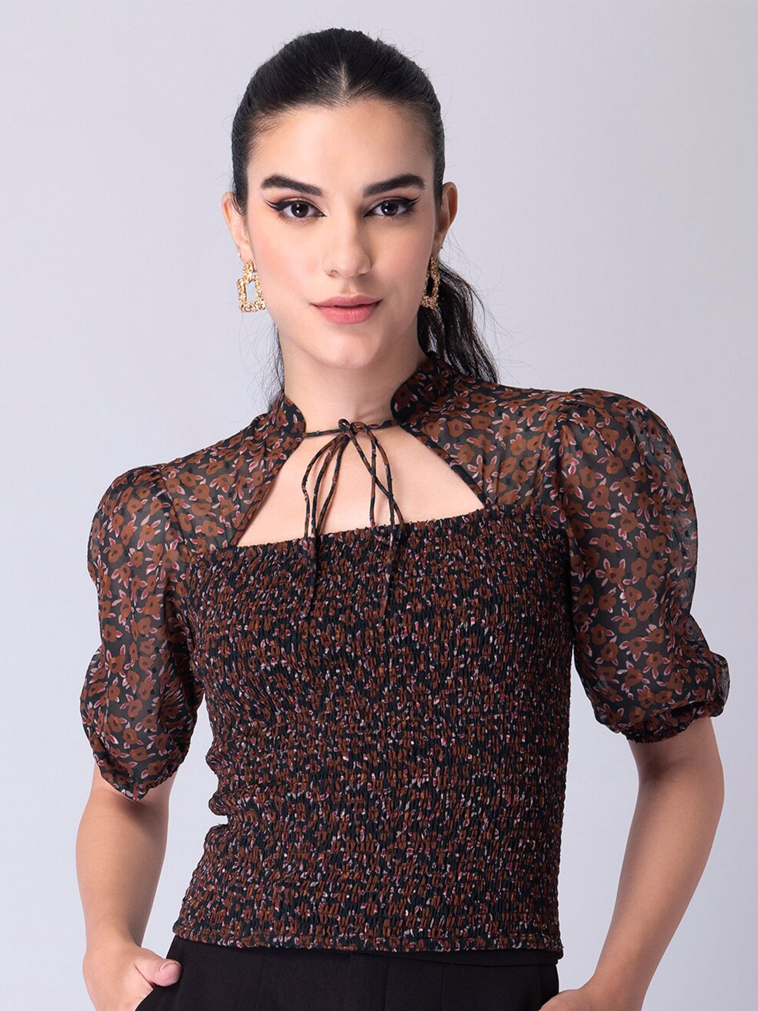 

FabAlley Brown Floral Print Tie-Up Neck Georgette Top