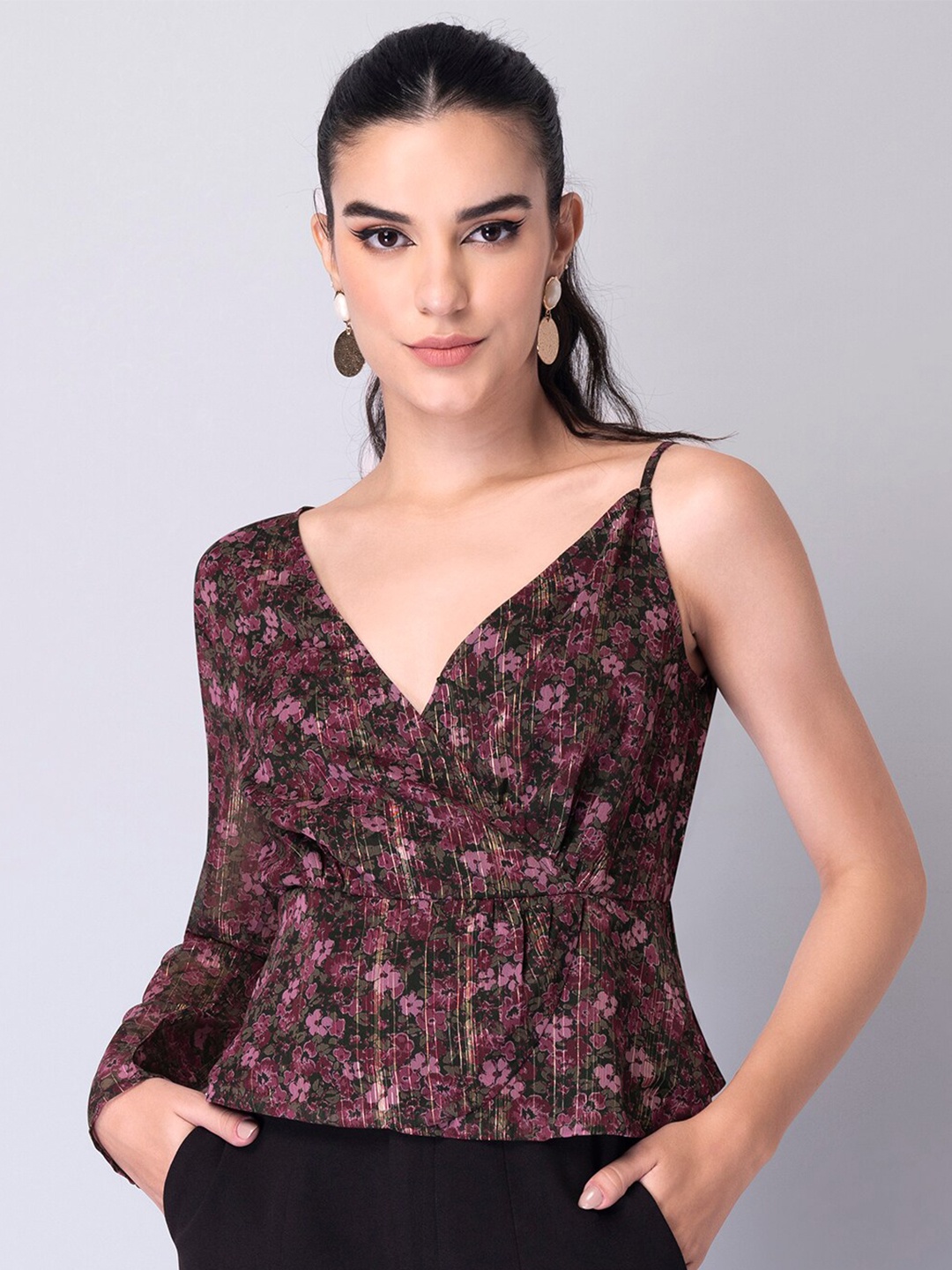 

FabAlley Pink Floral Print Georgette Peplum One Shoulder Wrap Top