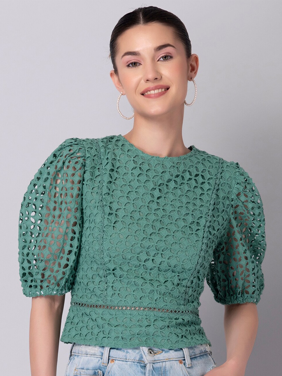 

FabAlley Green Schiffli Trim Detail Crop Top