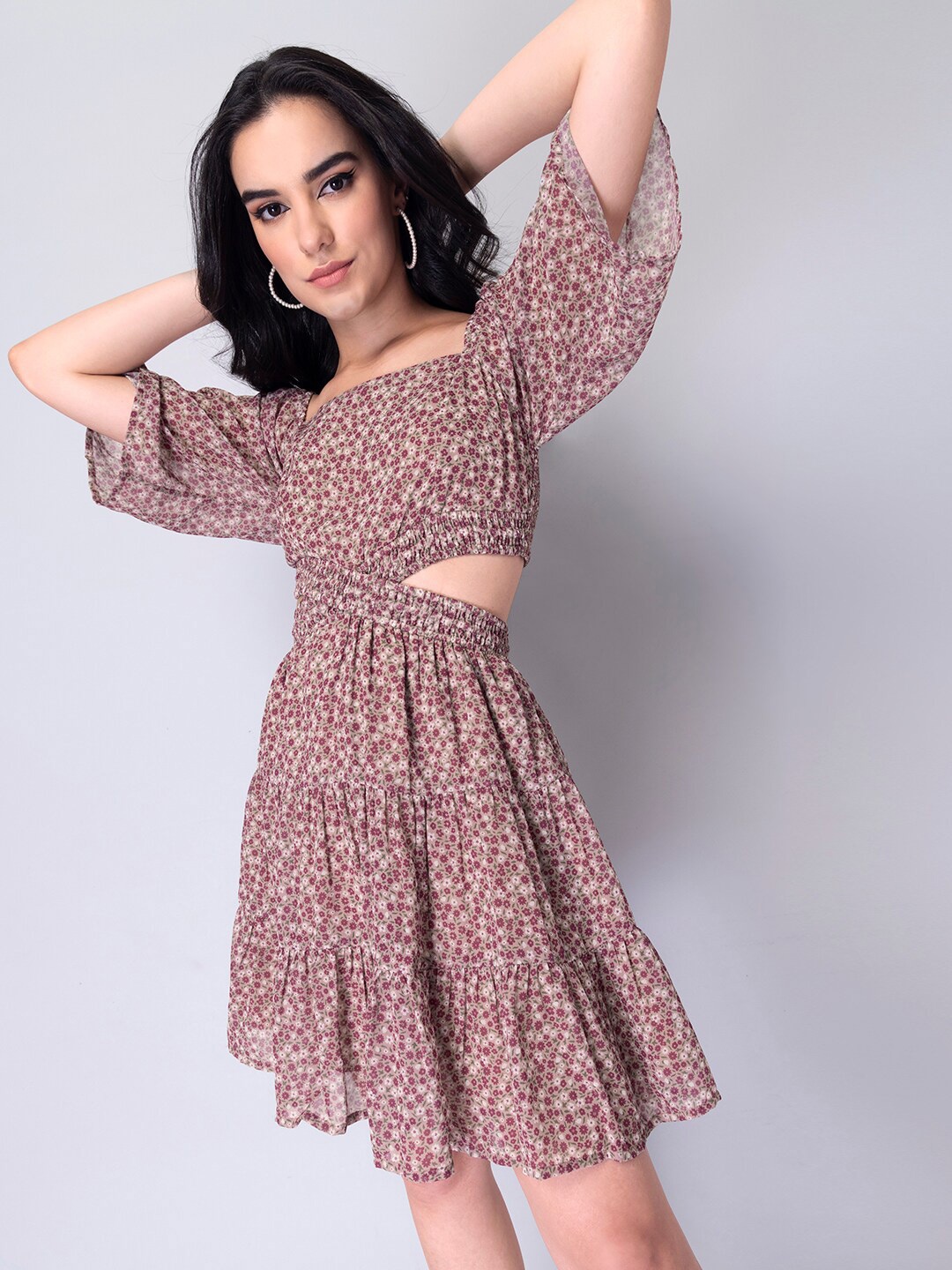 

FabAlley Pink & Beige Floral Printed Waist Cut Out Georgette Dress