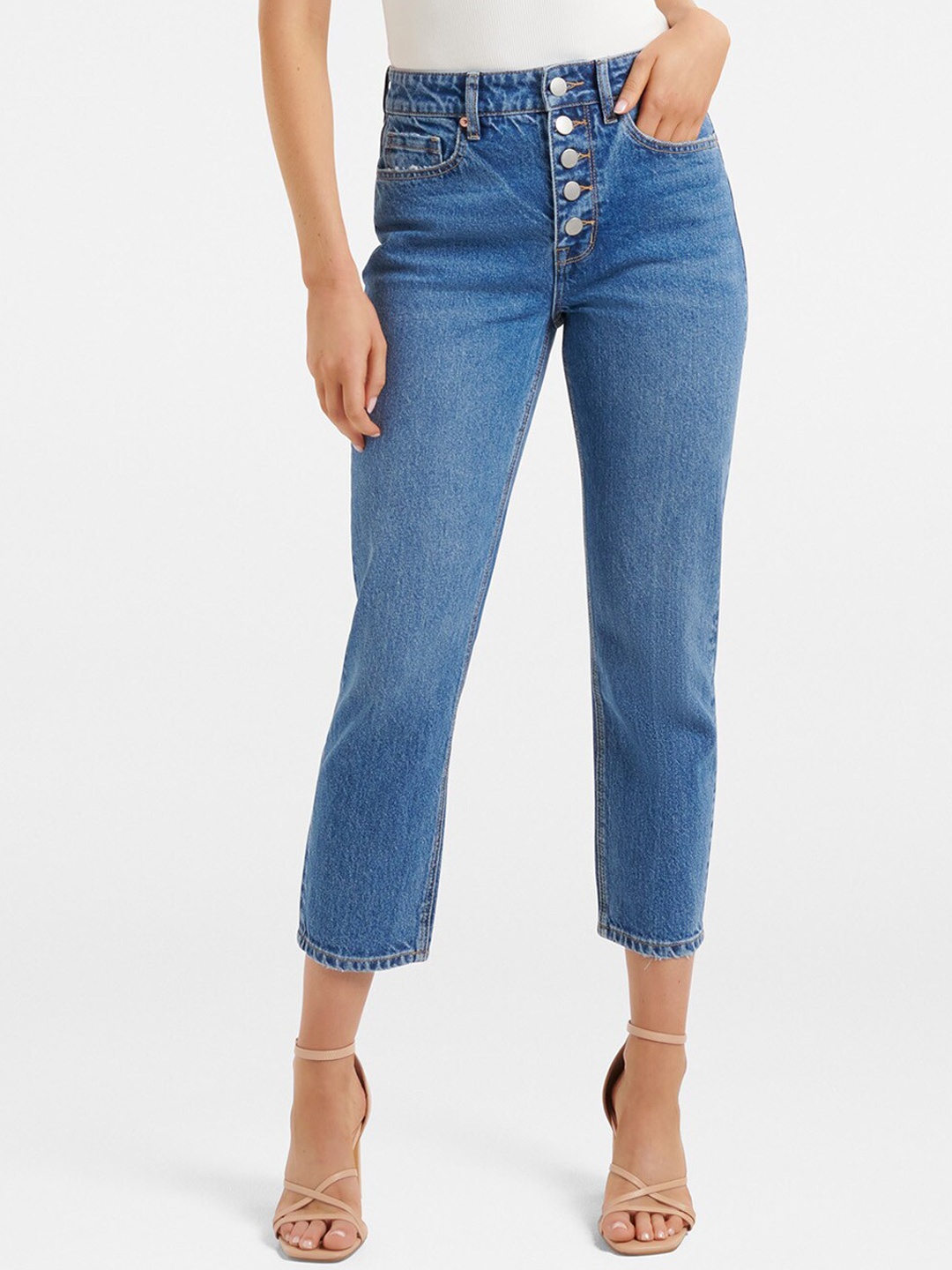 

Forever New Women Blue Slim Fit High-Rise Stretchable Button Front Cropped Jeans