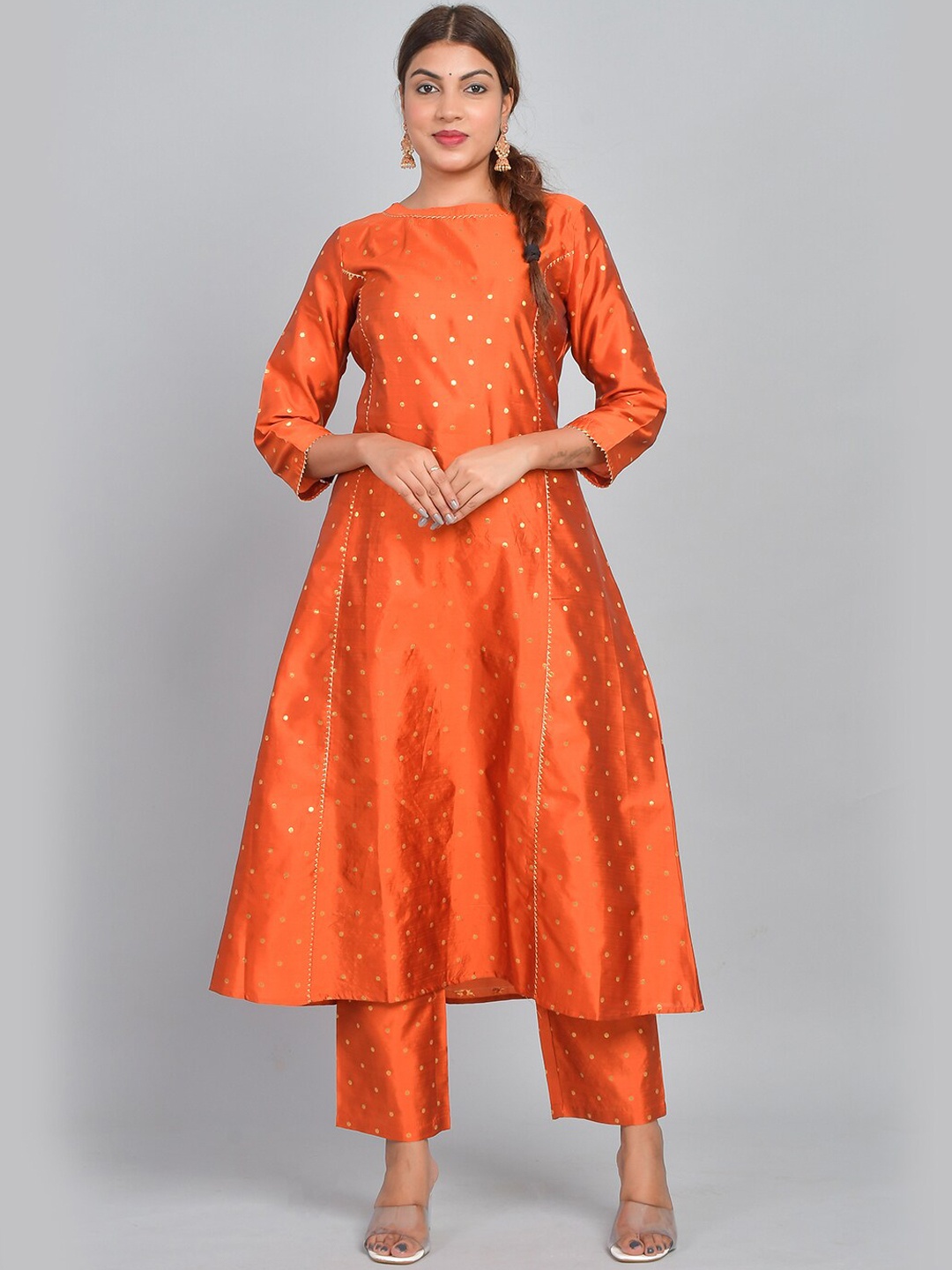 

Riara Women Orange Printed Polka Dot Art Silk Kurta with Trousers