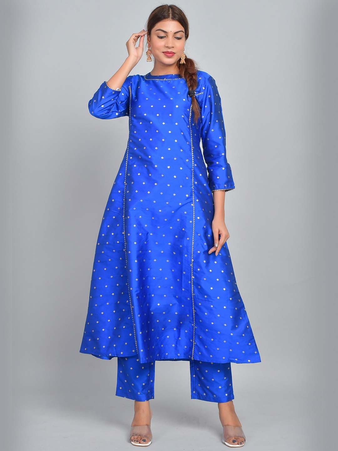 

Riara Women Blue Printed Polka Dot Art Silk Kurta with Trousers