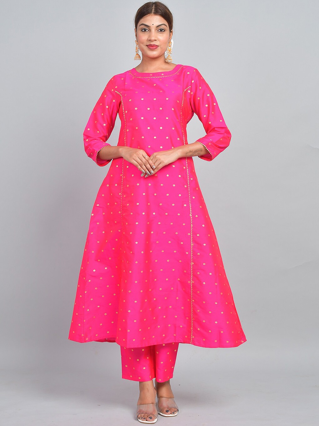 

Riara Polka Dot Print Art Silk A-Line Kurta with Trousers, Pink