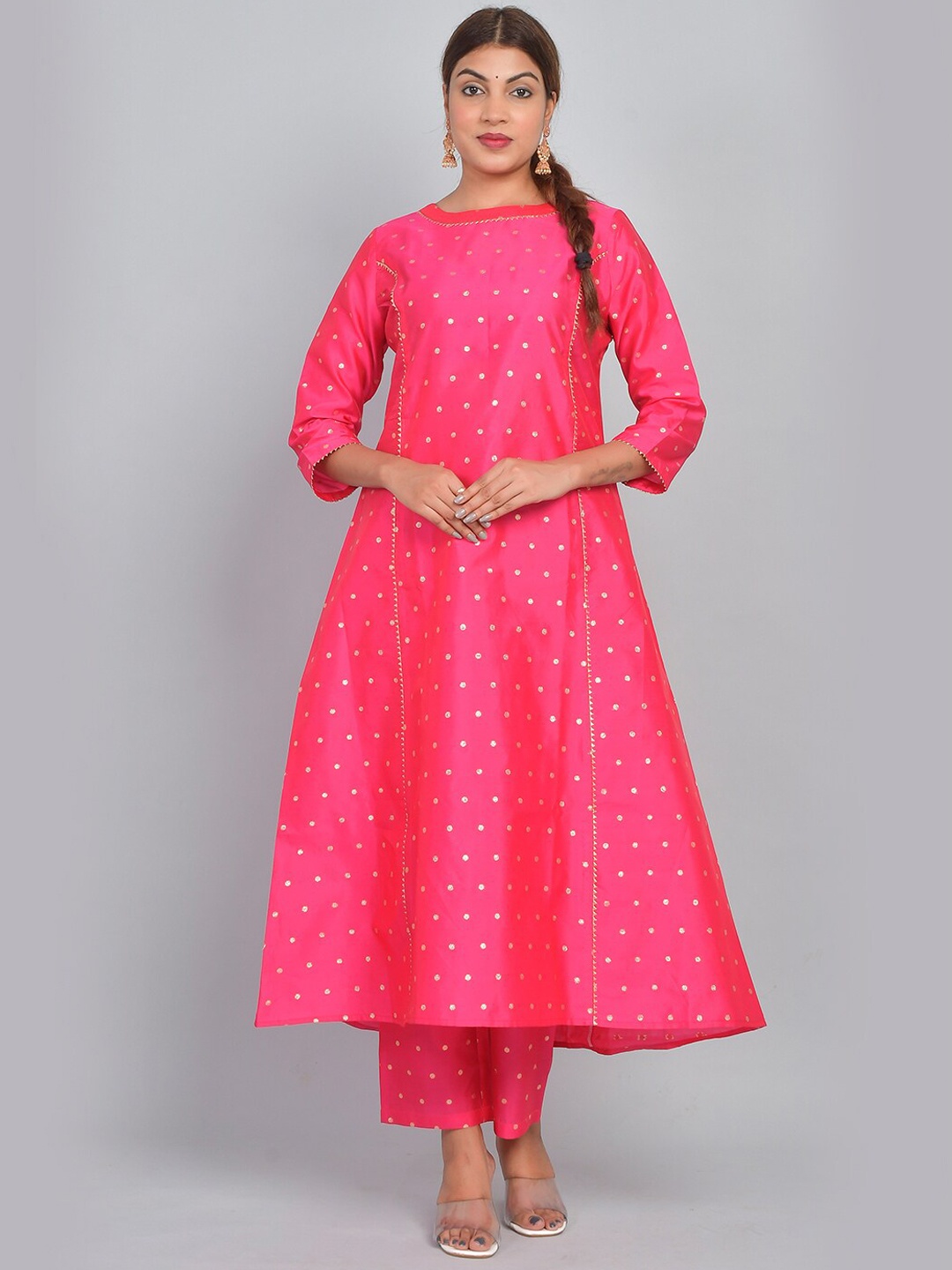 

Riara Polka Dot Print Art Silk A-Line Kurta with Trousers, Pink