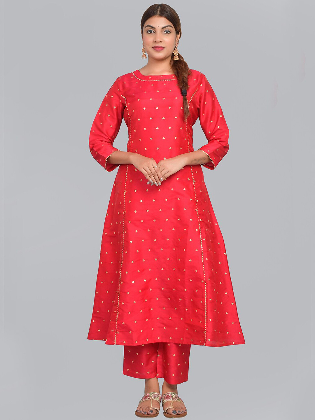 

Riara Women Printed Polka Dot Art Silk Kurta with Trousers, Red