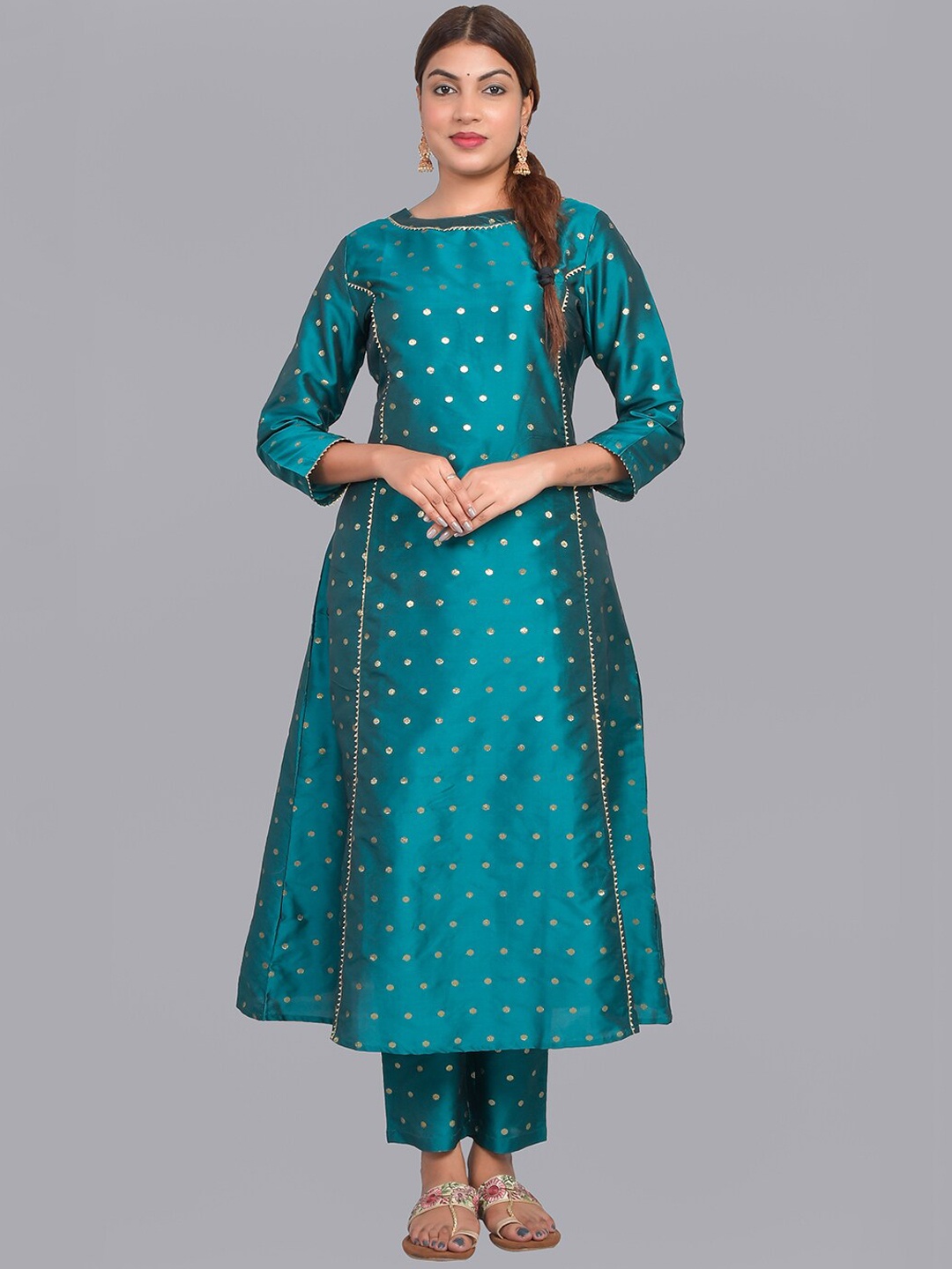 

Riara Polka Dot Printed Art Silk A-Line Kurta with Trousers, Blue