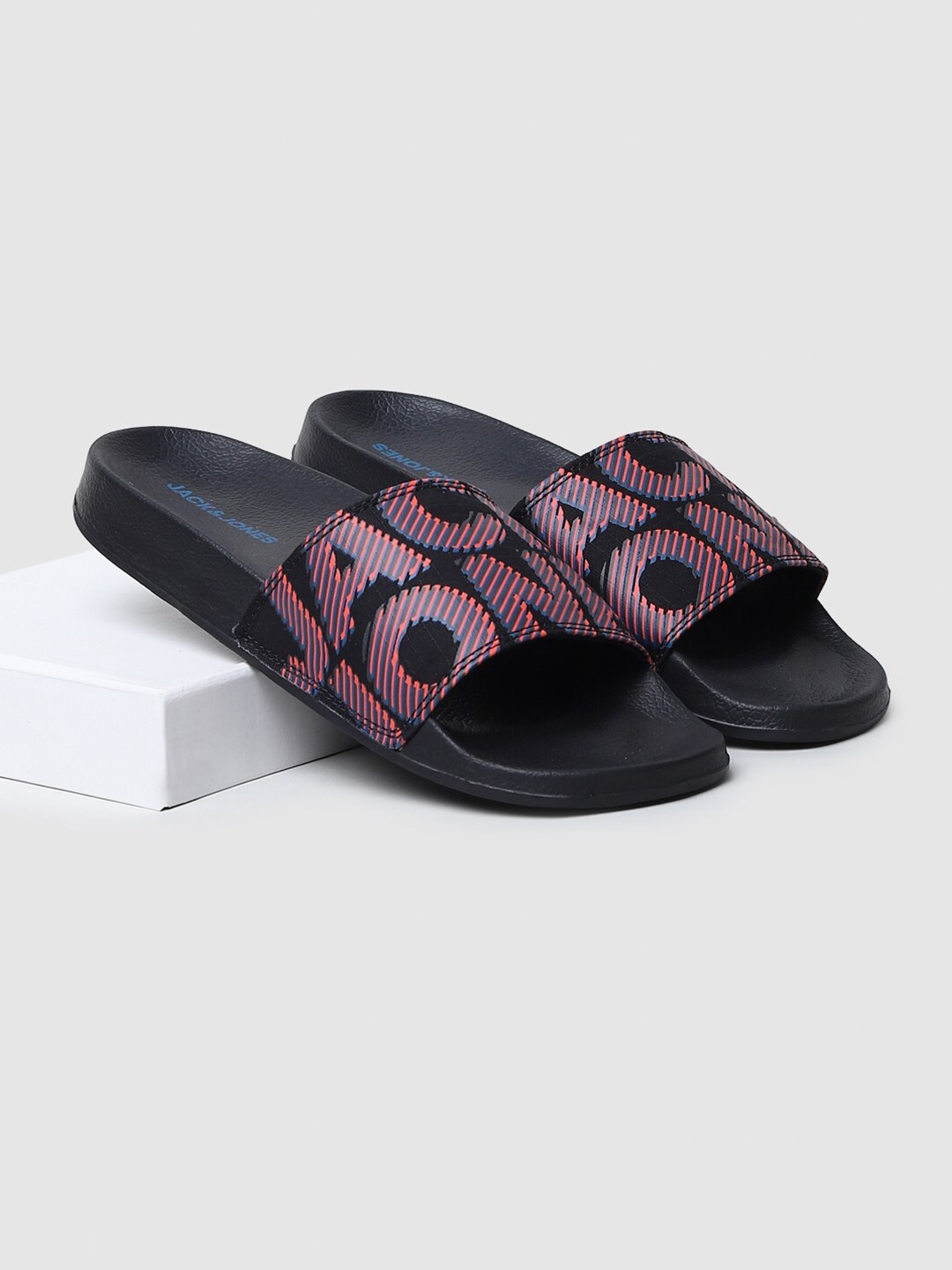 

Jack & Jones Men Black & Pink Printed Sliders