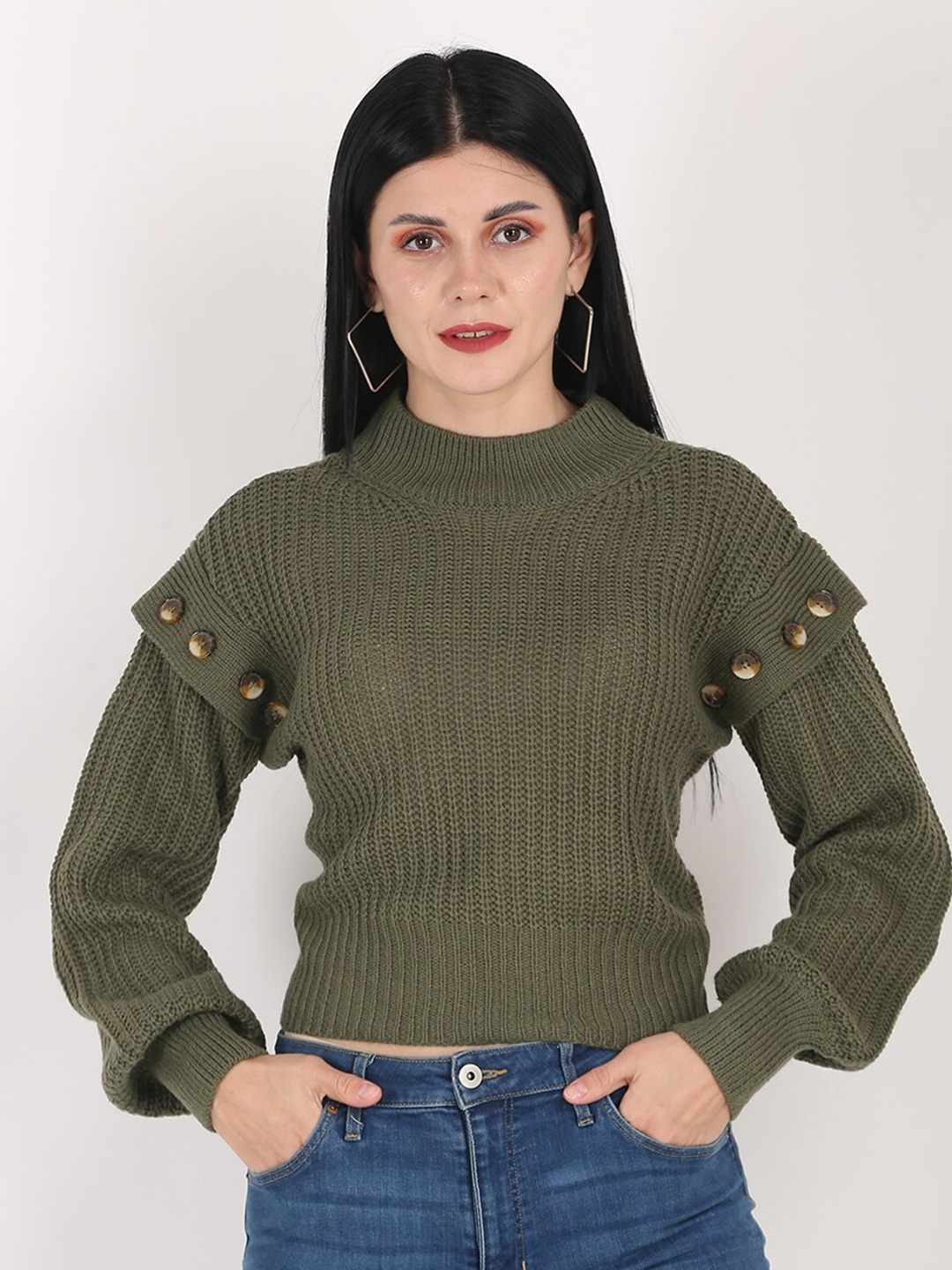 

NoBarr Women Green Cable Knit Pullover