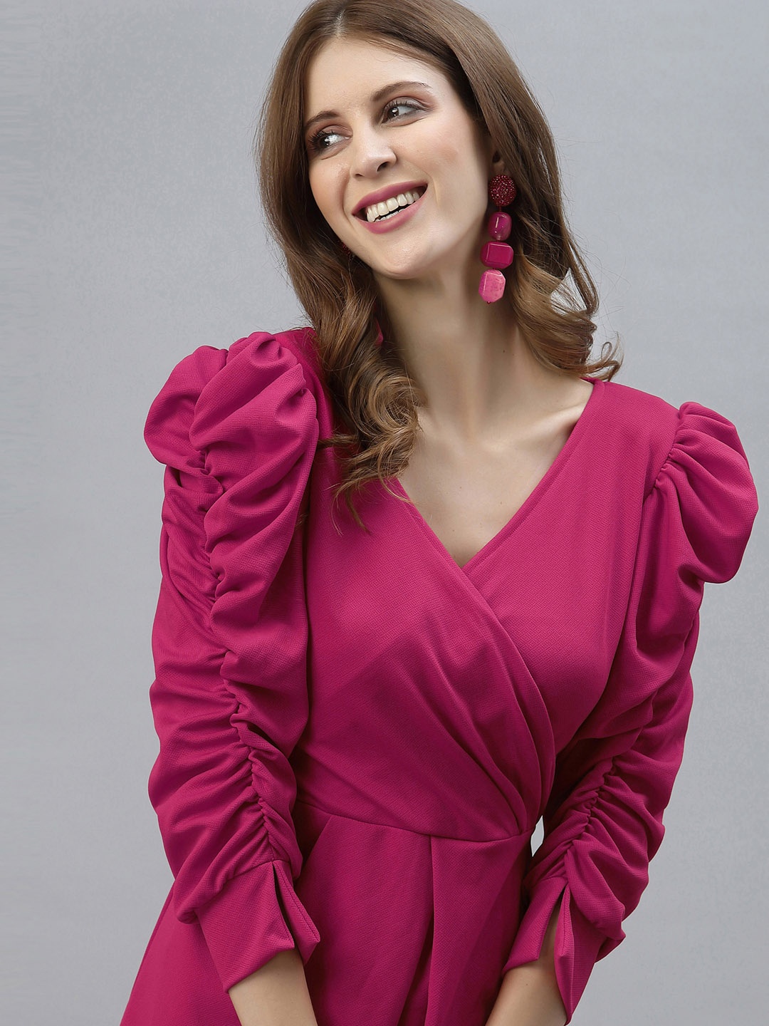 

Selvia Women Pink Solid Scuba Puff Sleeves Wrap Dress