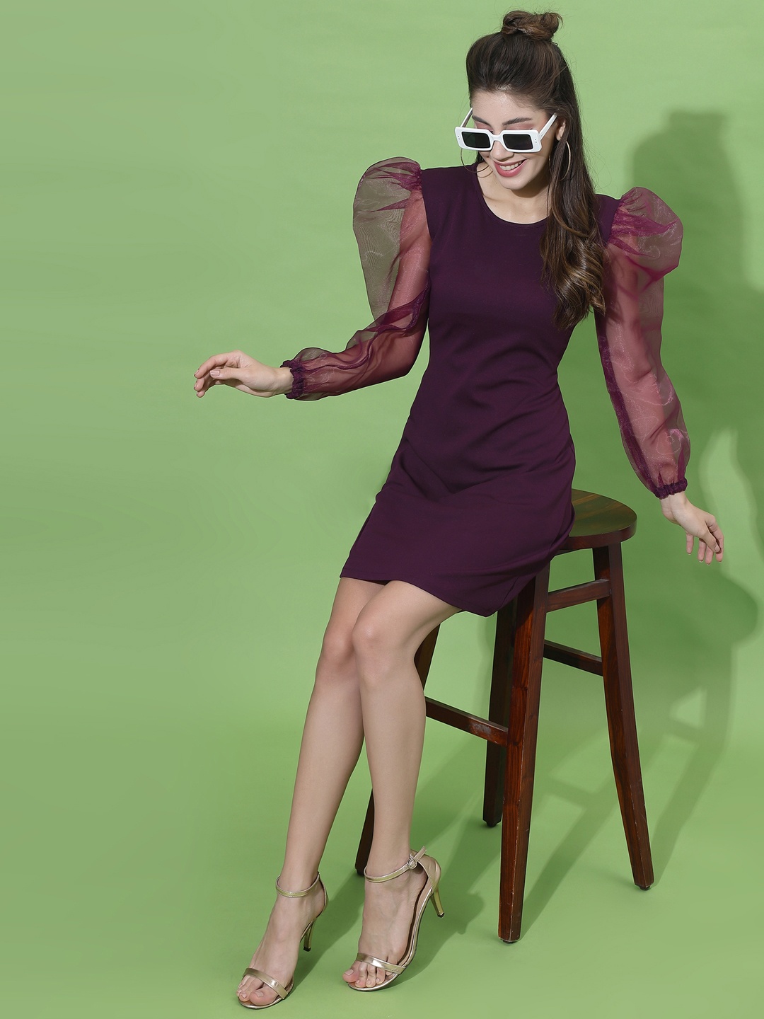 

Selvia Women Purple Scuba Puff Sleeves Bodycon Dress