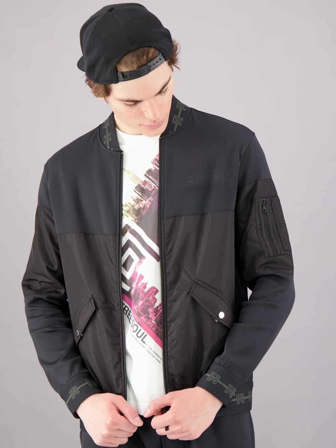 

FREESOUL Men Black Solid Colourblocked Patch Work Tailored Jacket