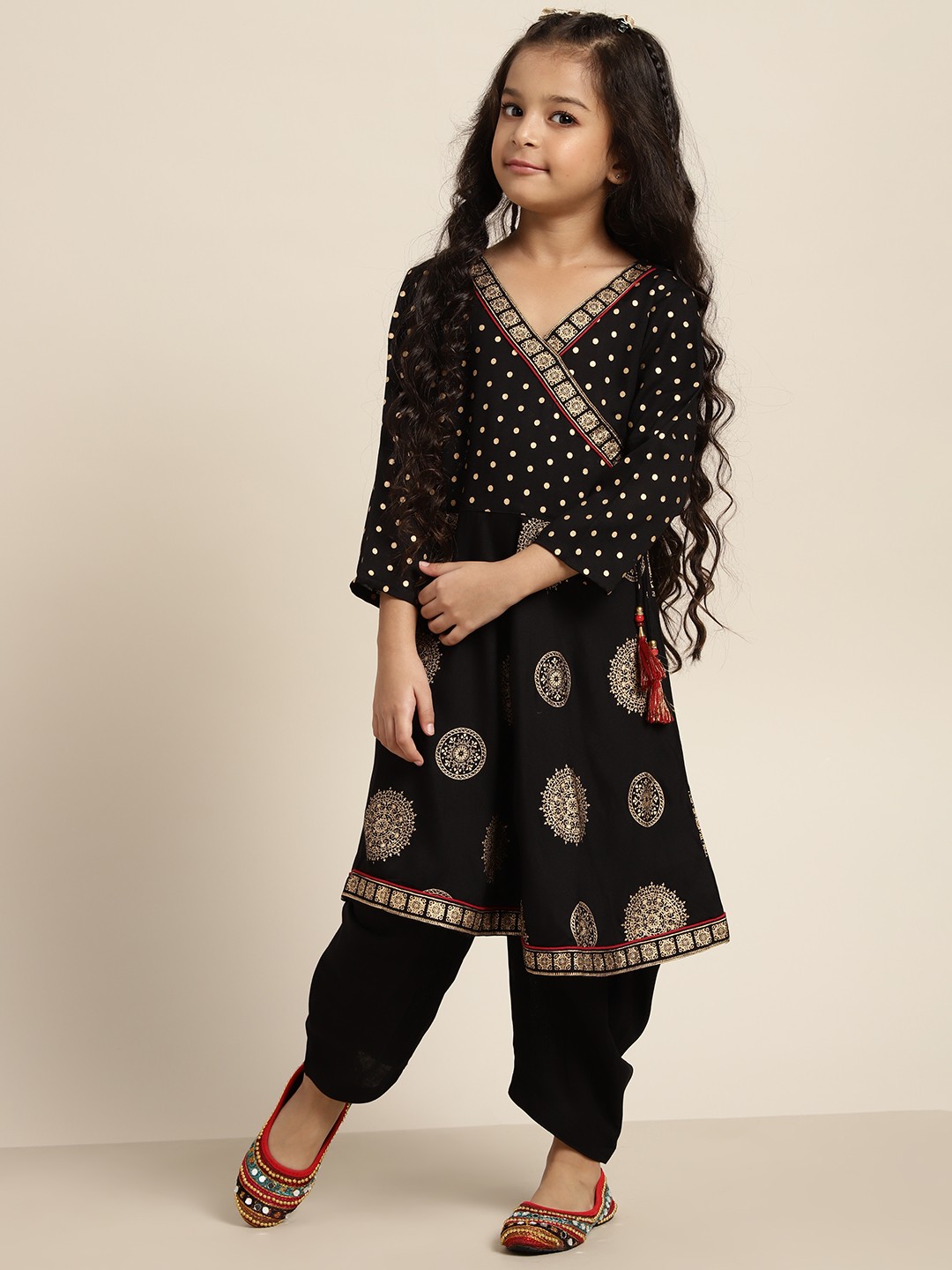 

Sangria Girls Ethnic Motifs Printed Angrakha Kurta with Dhoti Pants, Black