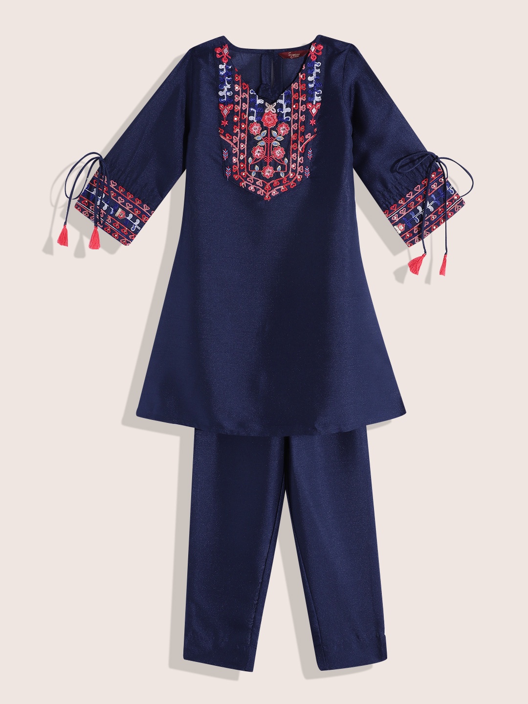 

Sangria Girls Floral Yoke Design Thread Work Detail A-Line Kurta with Trousers, Navy blue