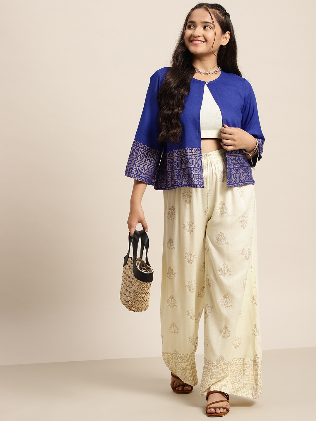 

Sangria Girls Ethnic Motifs Printed Top with Palazzos & Ethnic Printed Shrug, Cream