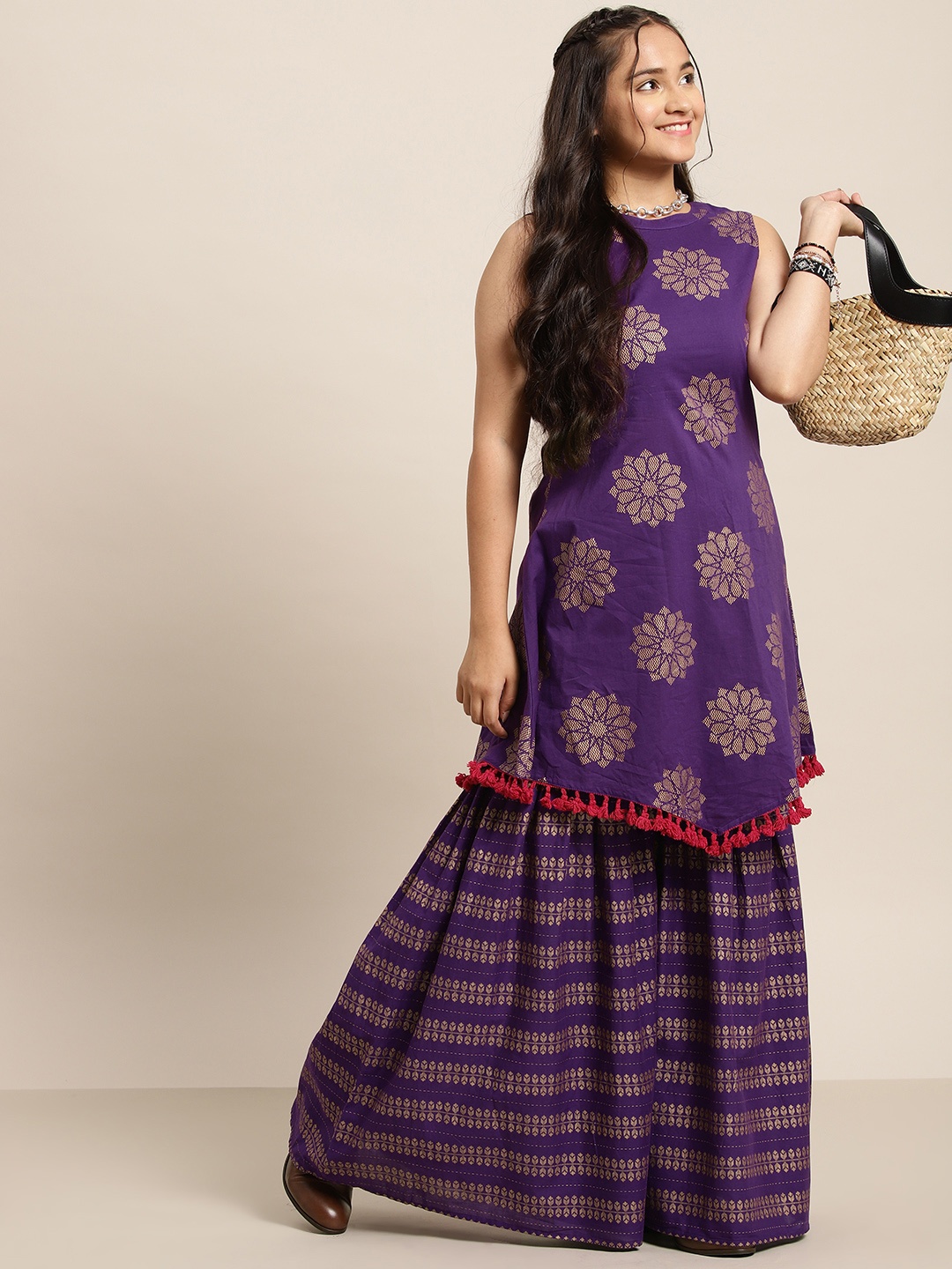 

Sangria Teen Girls Purple & Golden Ethnic Motifs Print Cotton Kurta with Sharara