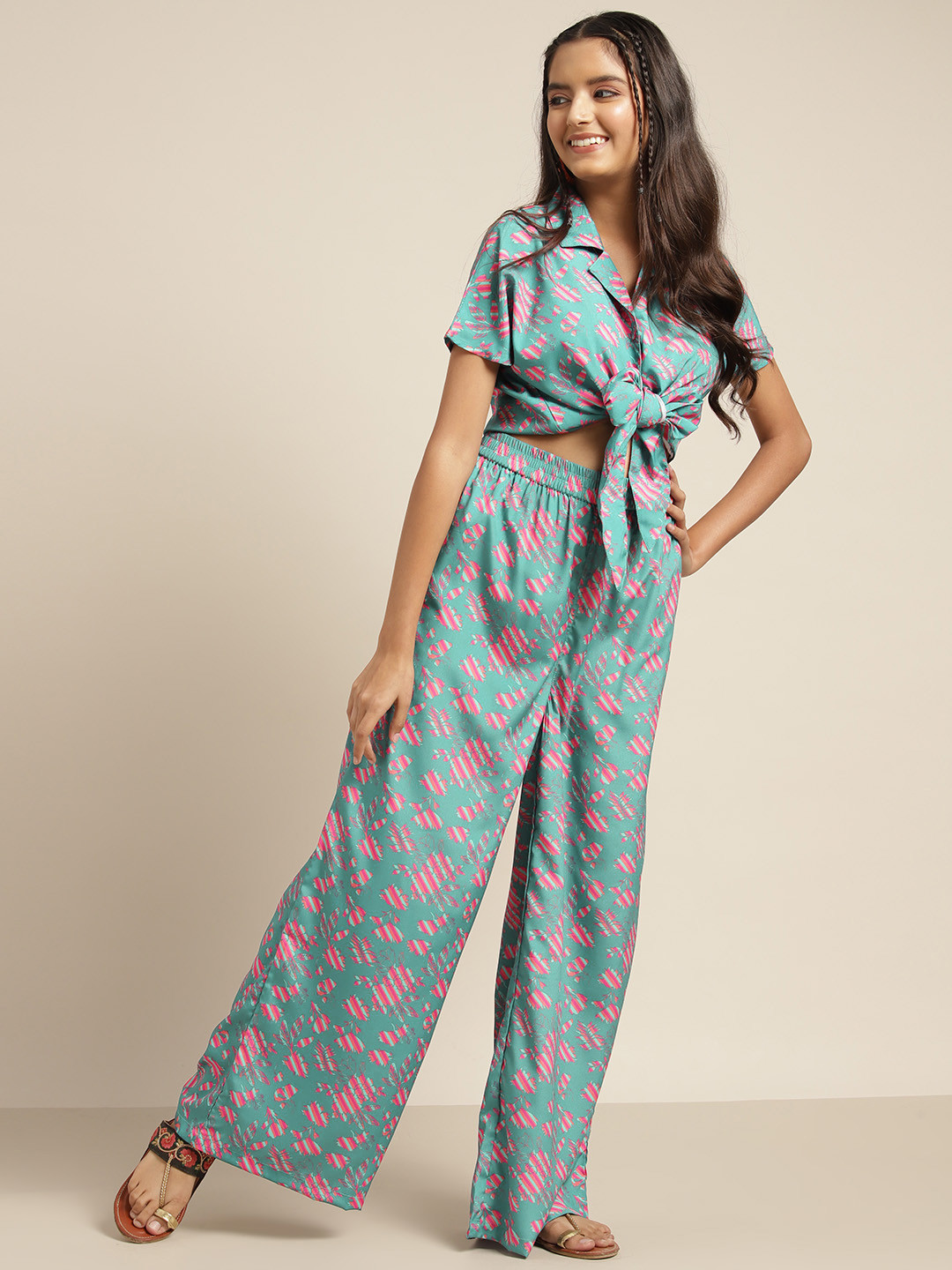 

Sangria Girls Green & Pink Floral Print Top with Palazzos