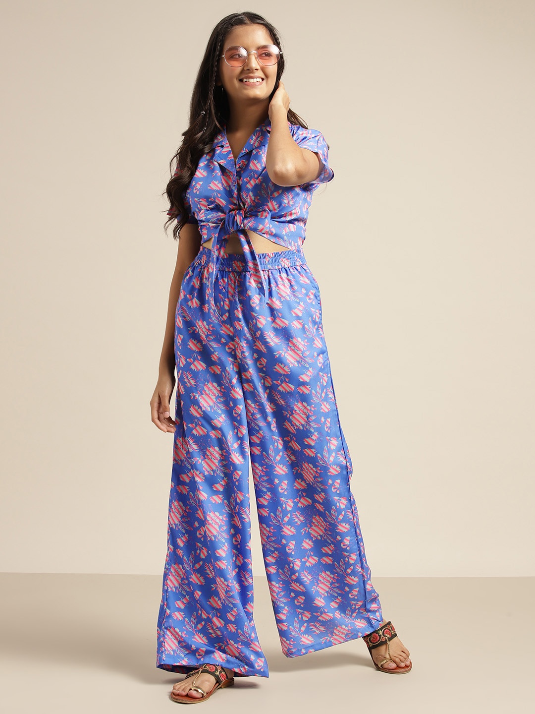 

Sangria Teen Girls Blue & Pink Floral Print Top with Palazzos