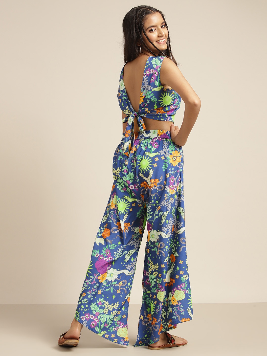 

Sangria Girls Blue & Green Floral Print Round Neck Top with Palazzos
