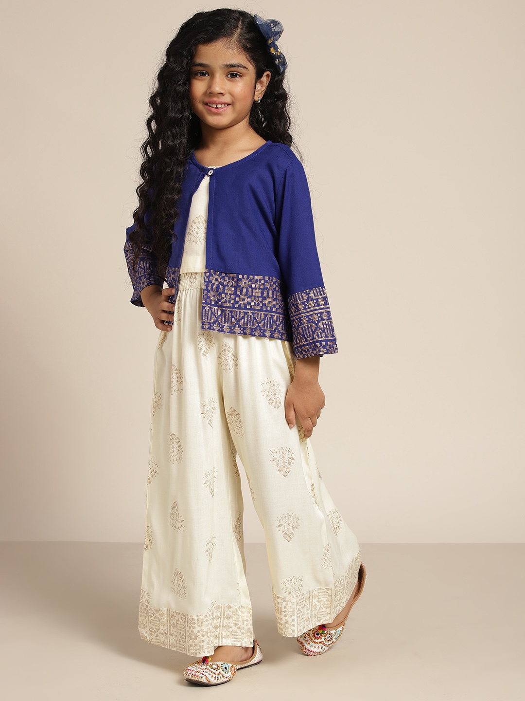 

Sangria Girls Ethnic Motifs Printed Top with Palazzos & Ethnic Printed Shrug, Cream