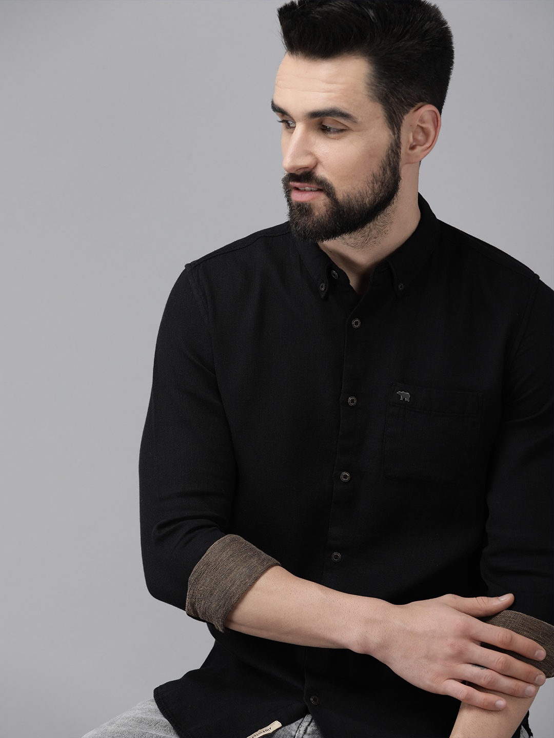 

THE BEAR HOUSE Men Black Slim Fit Self Striped Cotton Casual Shirt