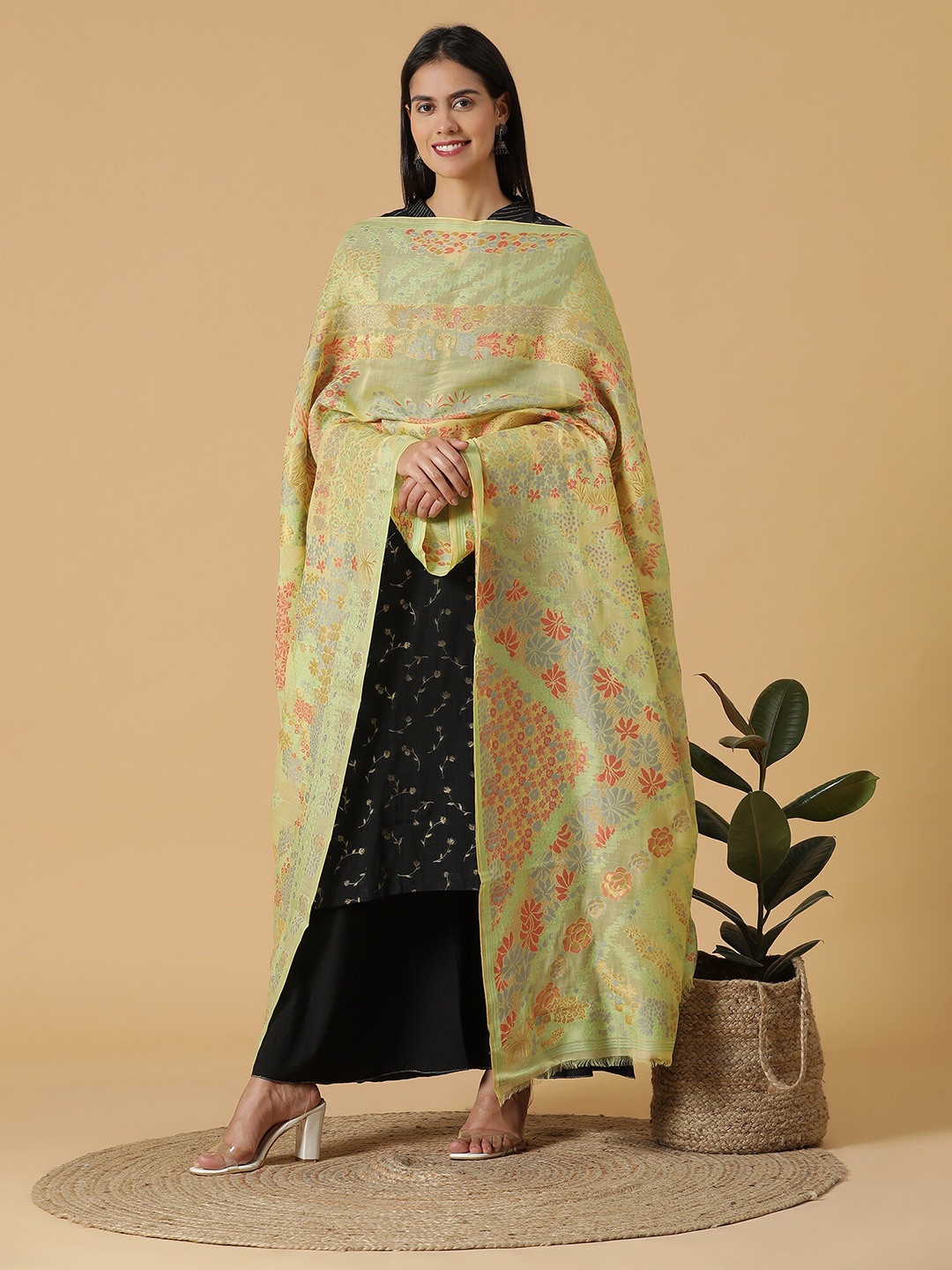 

SHINGORA Yellow & Pink Woven Design Dupatta
