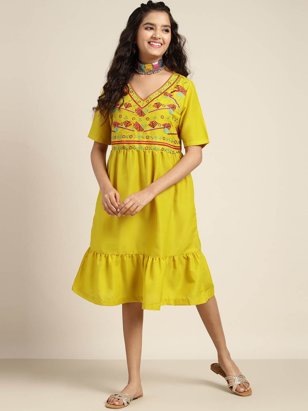 

Sangria Girls Ethnic Motifs Embroidered A-Line Dress, Yellow