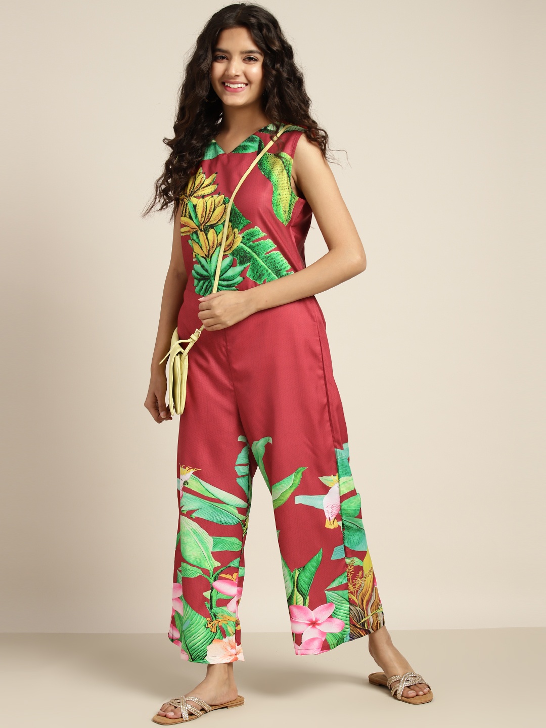 

Sangria Girls Floral Printed Sleeveless Basic Jumpsuit, Red