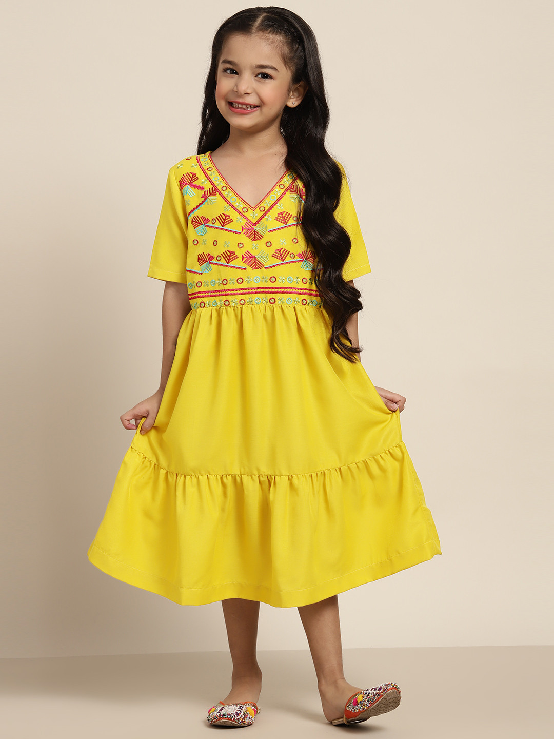 

Sangria Girls Ethnic Motifs Embroidered A-Line Dress, Yellow
