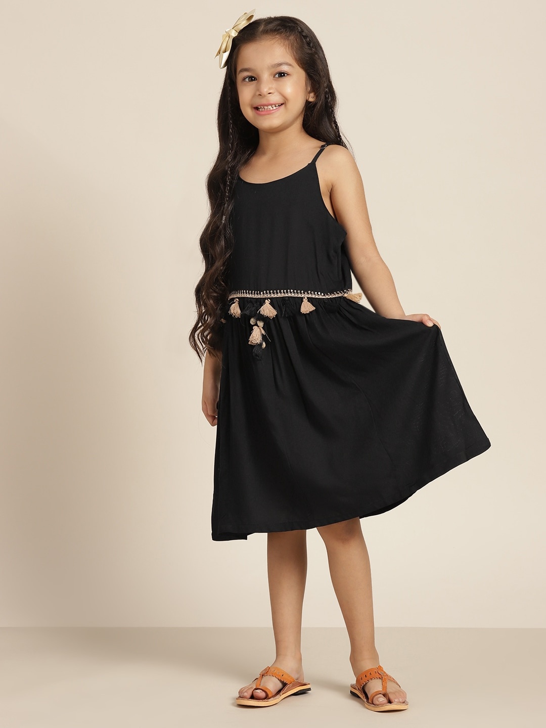 

Sangria Girls Tassel Embellished Fit & Flare Ethnic Dress, Black