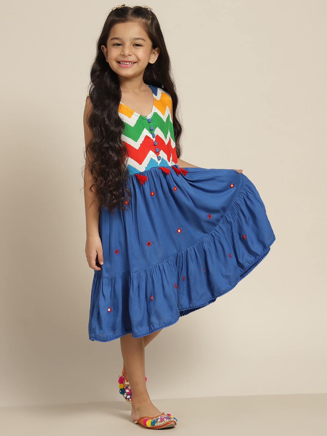 

Sangria Girls Blue White & Red Striped Knee Length Fit & Flare Dress