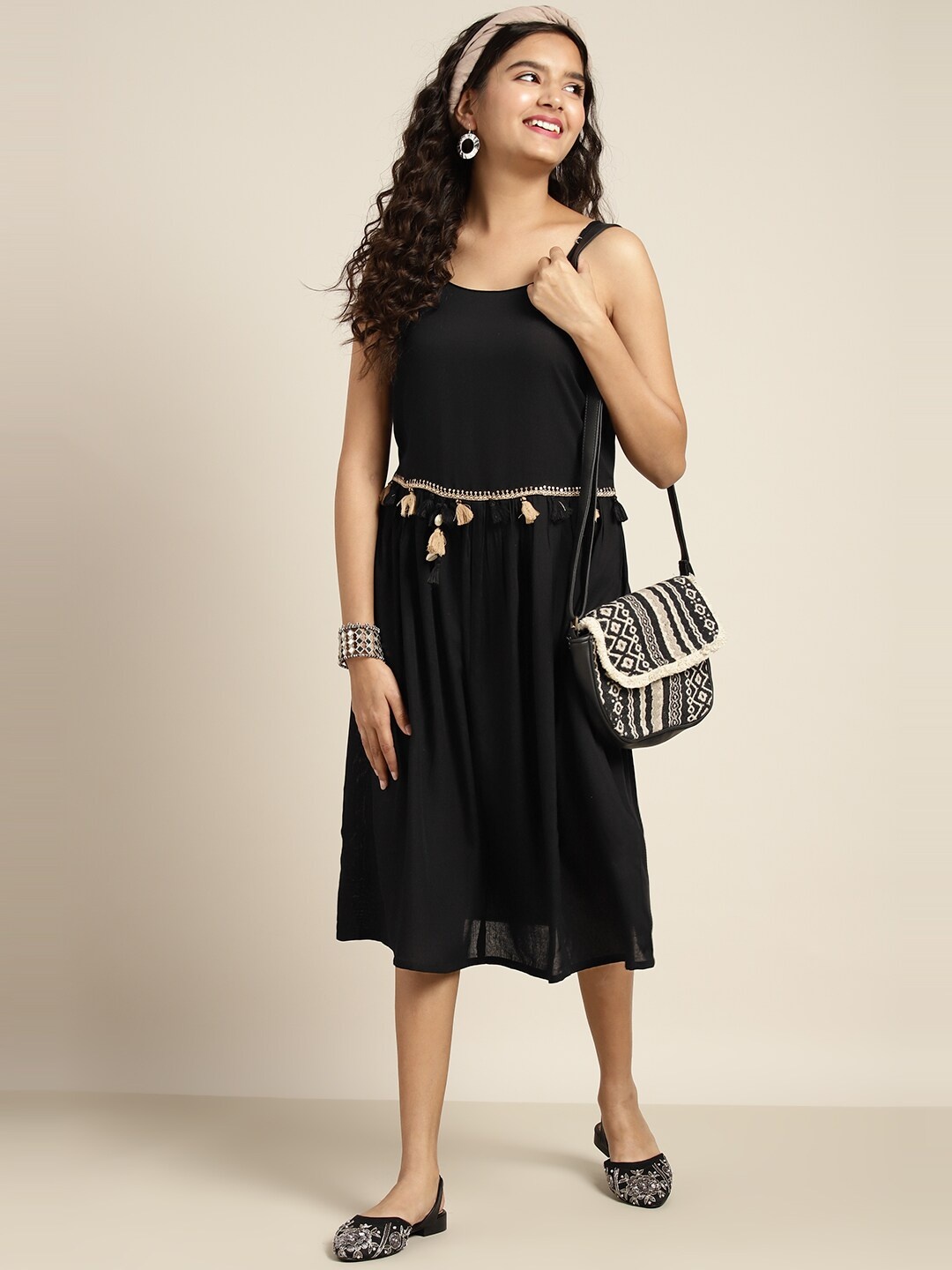 

Sangria Girls Tassel Embellished Fit & Flare Ethnic Dress, Black