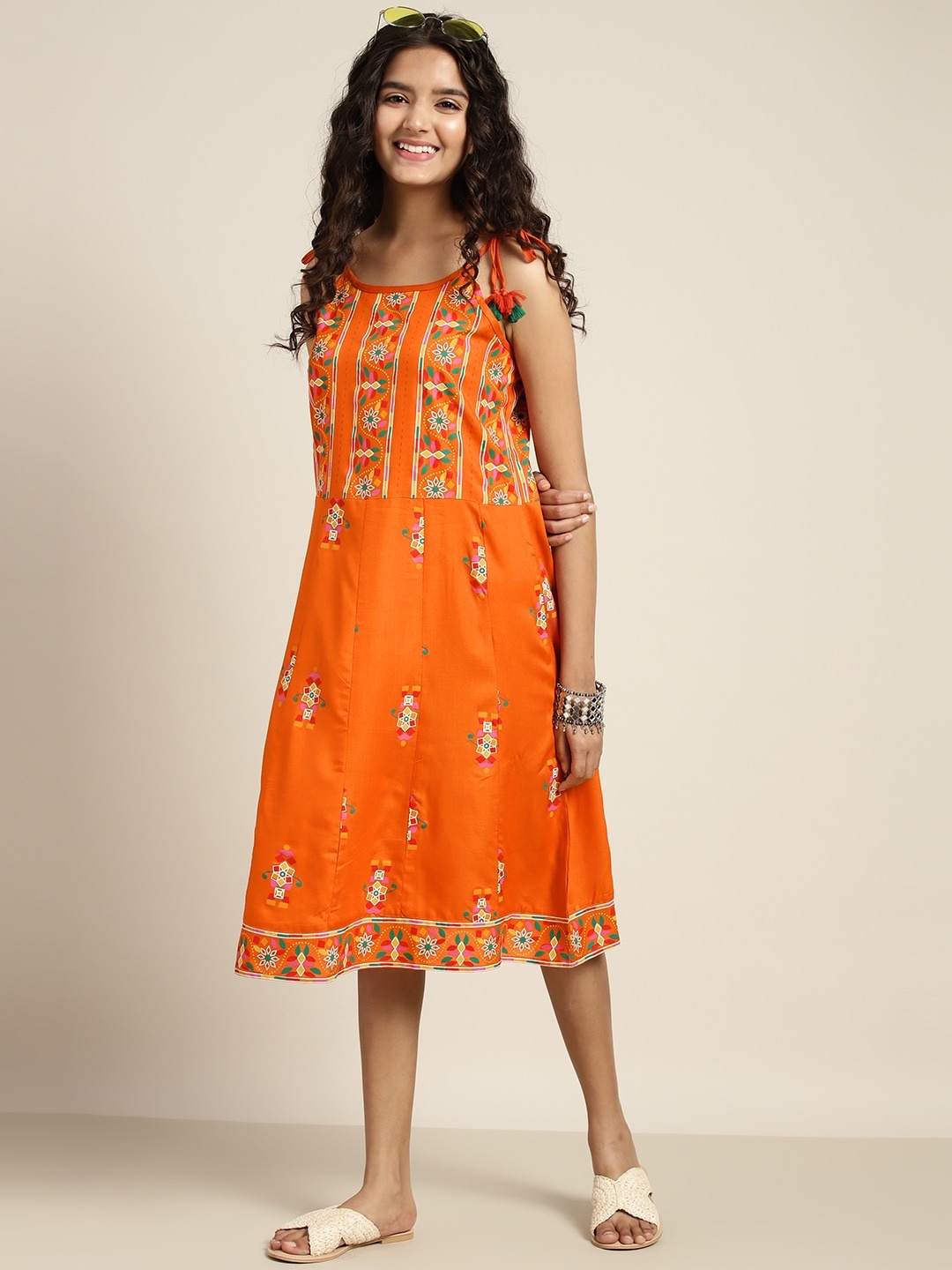 

Sangria Girls Printed Shoulder Straps Ethnic Fit & Flare Dress, Orange