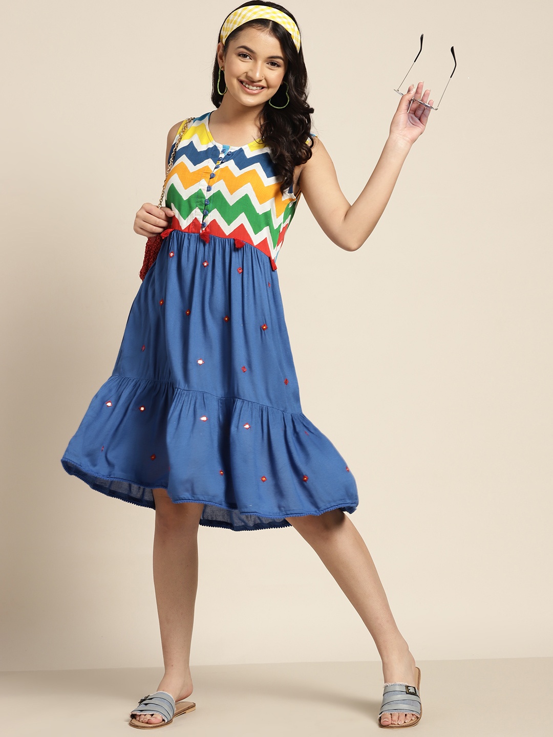 

Sangria Girls Blue White & Red Striped Knee Length Fit & Flare Dress