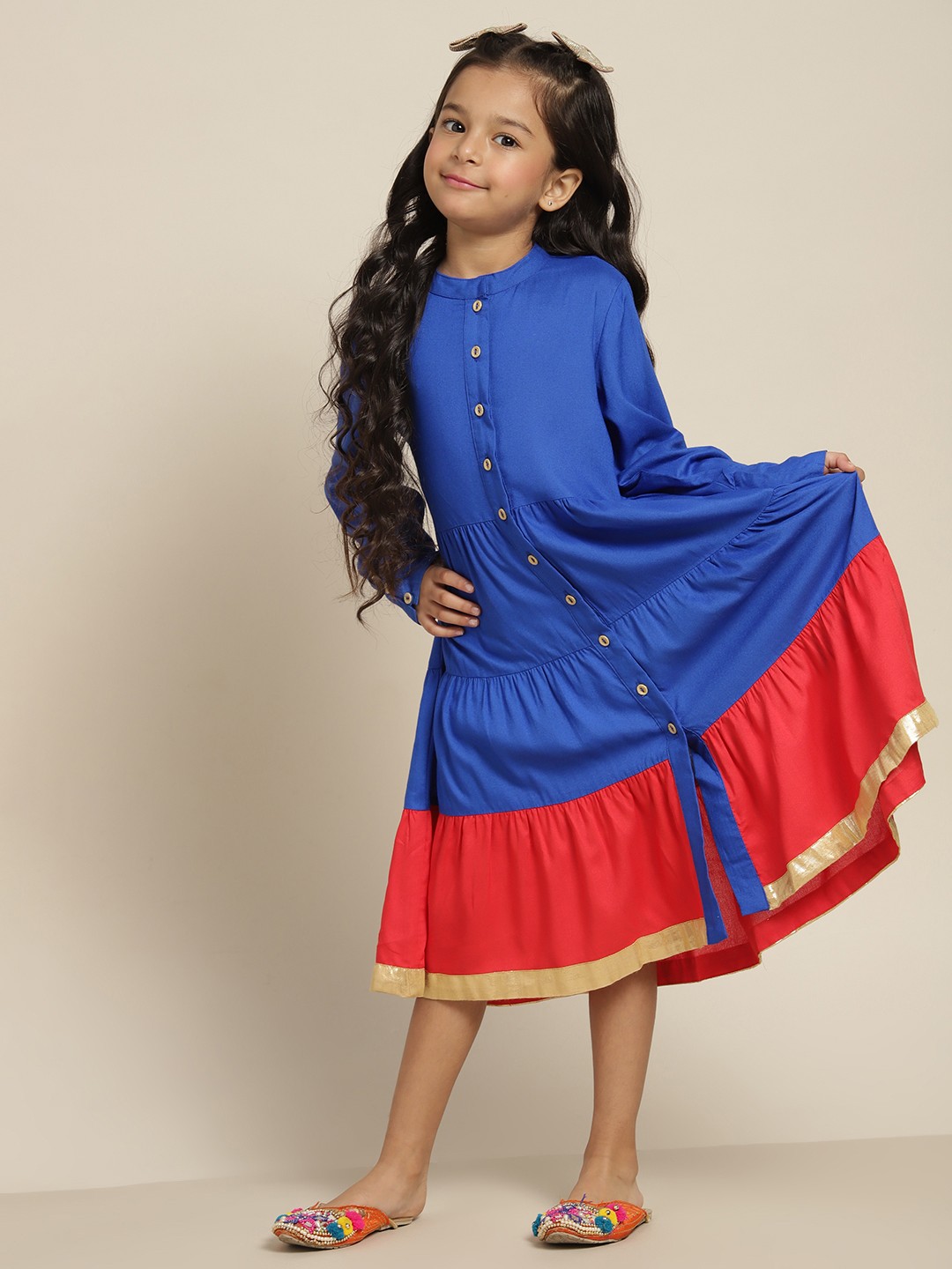 

Sangria Girls Blue & Red Colourblocked Knee Length A-Line Dress