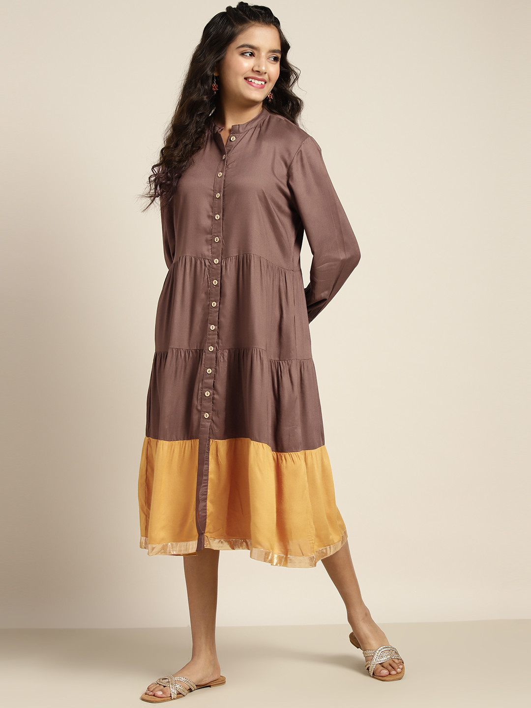 

Sangria Girls Olive & Yellow Colourblock Tiered A-Line Dress