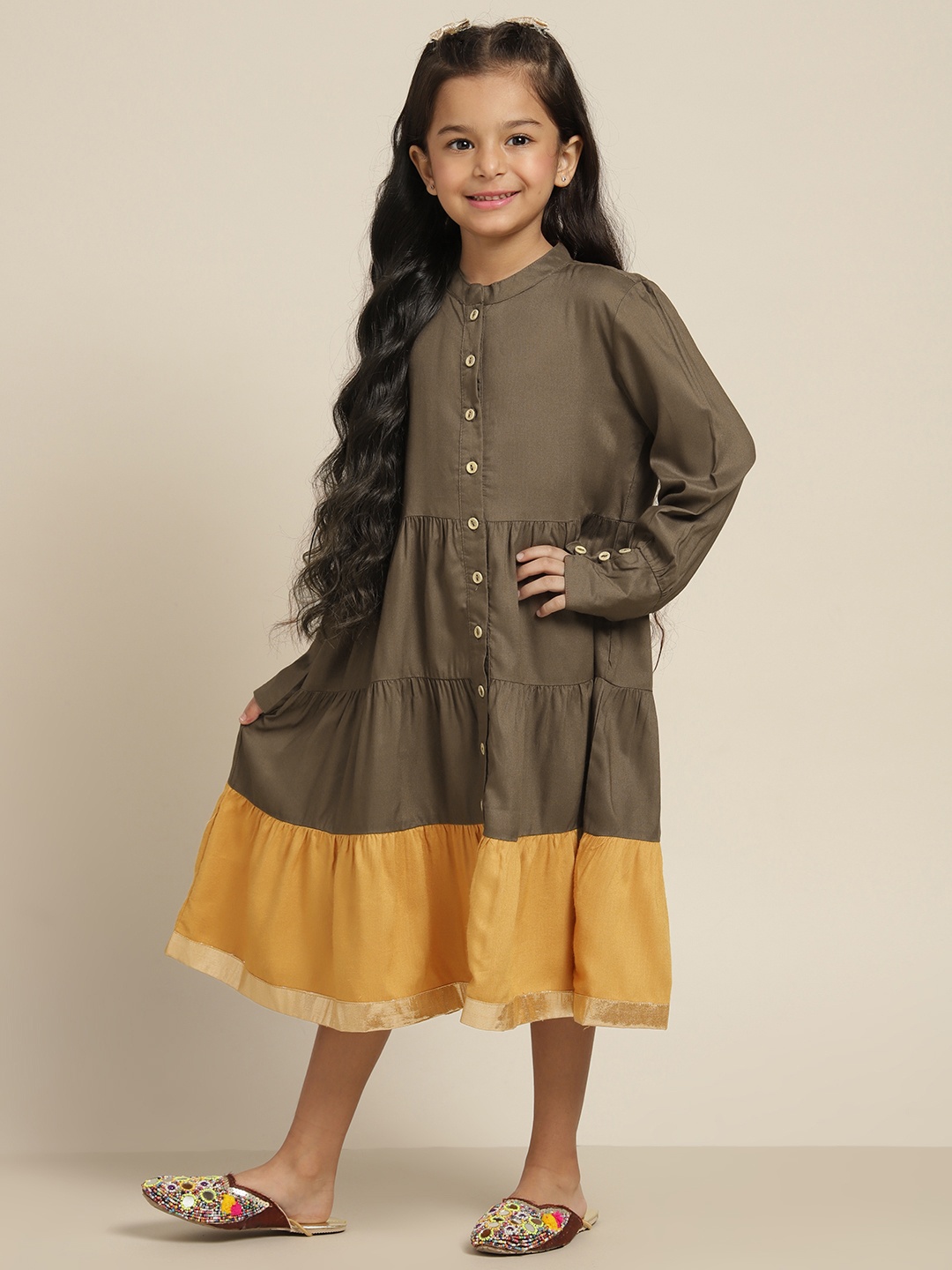 

Sangria Girls Olive & Yellow Colourblock Tiered A-Line Dress