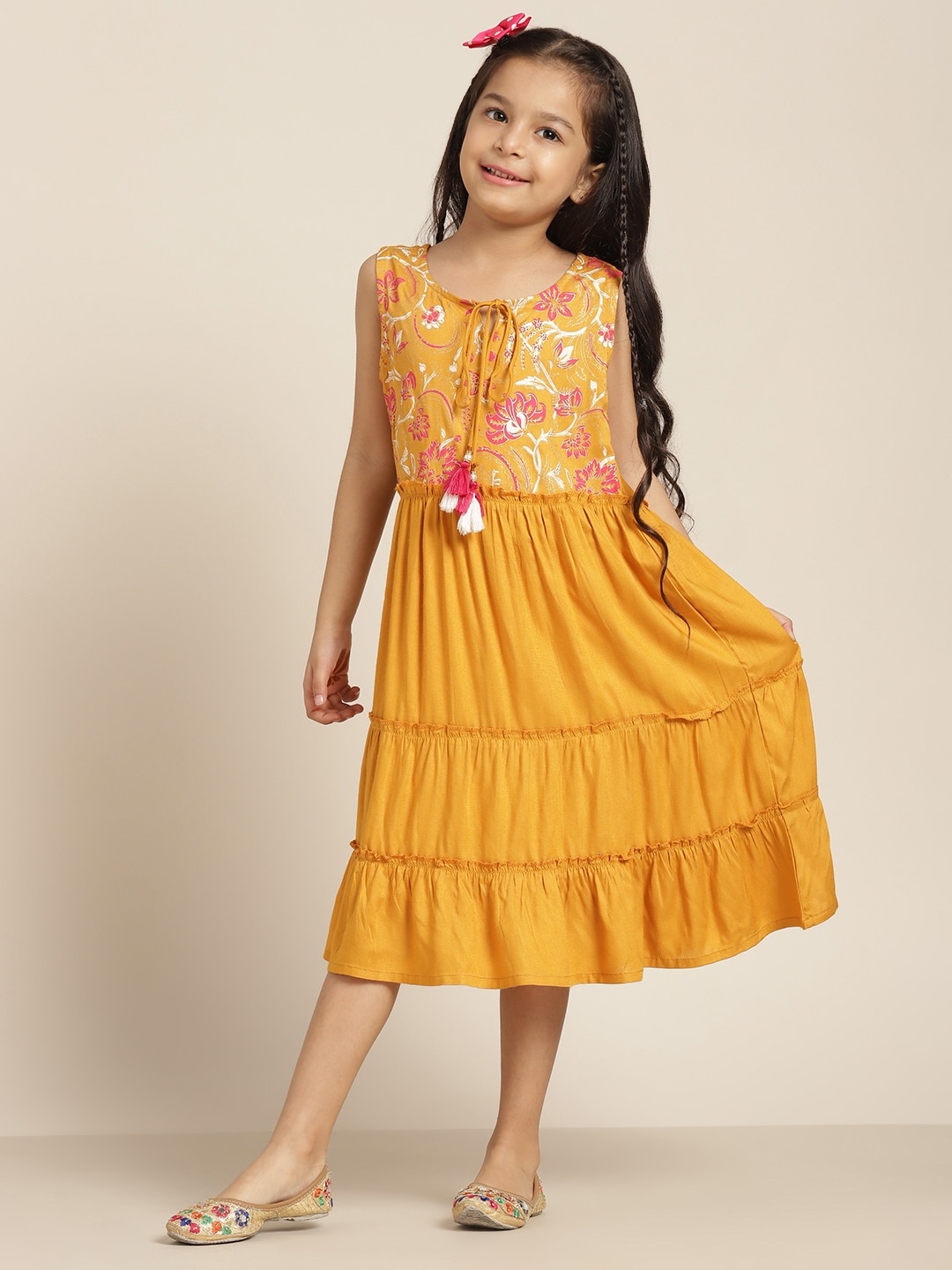 

Sangria Girls Floral Print Tiered Ethnic Dress, Mustard