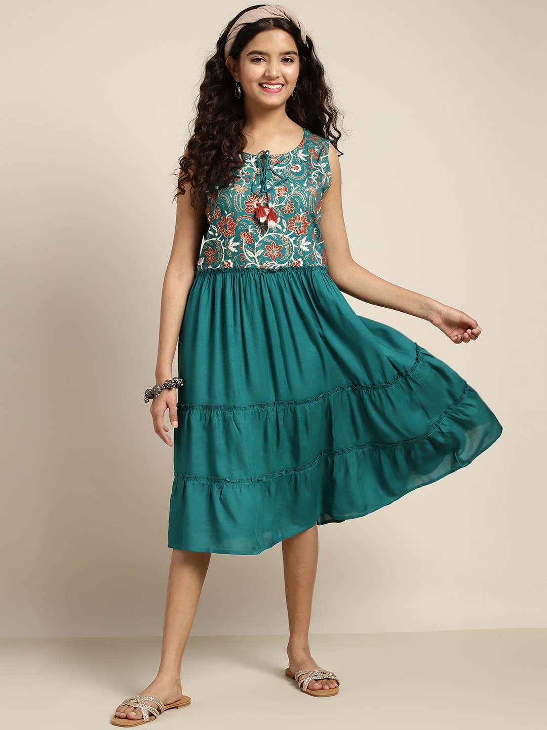 

Sangria Girls Printed Shoulder Straps Ethnic Fit & Flare Dress, Teal