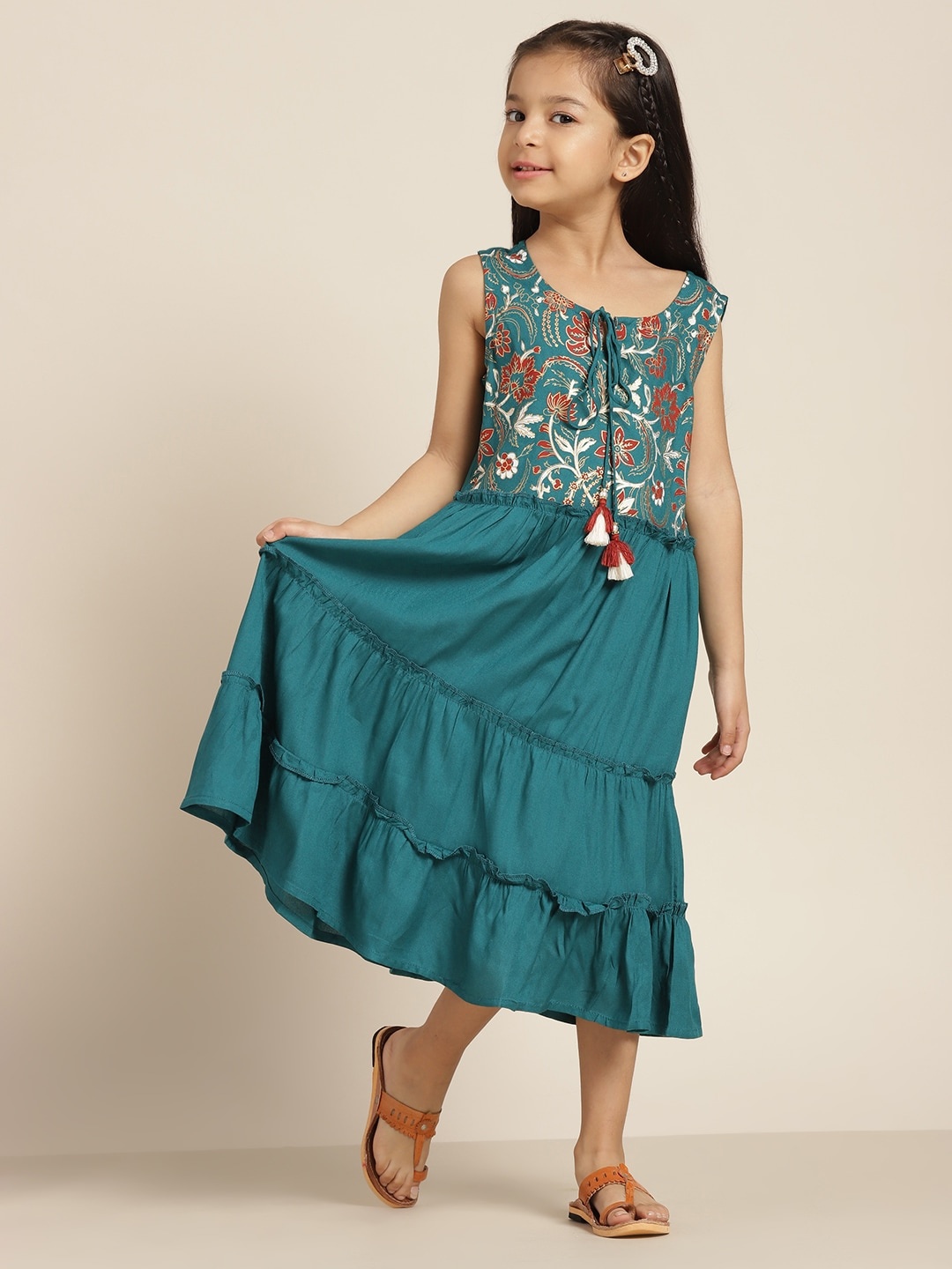 

Sangria Girls Floral Print Tiered Ethnic Dress, Teal