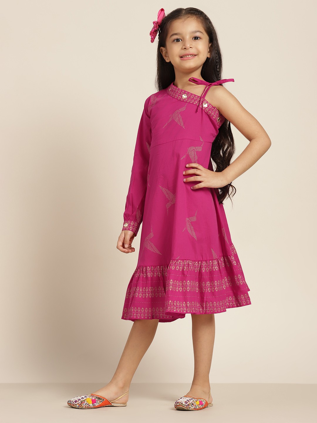 

Sangria Girls Fuchsia Ethnic Motifs Print Cotton One Shoulder Empire Knee Length Dress
